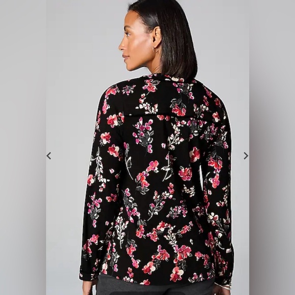 J Jill Floral Black and Pink Women's Top Velvet-Piped Top - Picture 3 of 17